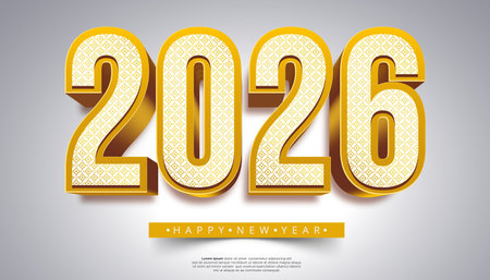 A striking 3D graphic displays the numbers 2026 in golden hues with a detailed pattern accompanied by Happy New Year textのイラスト素材