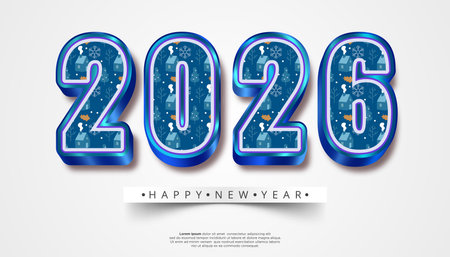 Bold 3D numbers display 2026 with a festive winter village pattern and Happy New Year text on a clean white backgroundのイラスト素材