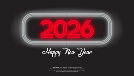 Red neon 2026 New Year sign inside a gray frame on a dark background Simple modern design