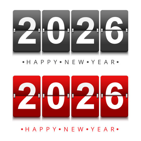 Two rows of mechanical flip number displays read '2026' with Happy New Year The displays are black and red agepsnst a white backgroundのイラスト素材