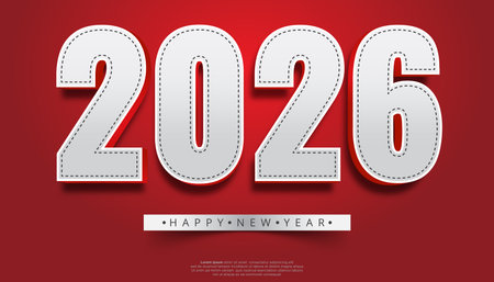 The image prominently features the year 2026 in large bold numbers with a dotted border against a rich red background accompanied by a celebratory Happy New Year messageのイラスト素材
