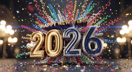 Three dimensional metallic numerals '2026' centered beneath 'Happy New Year' text surrounded by vibrant confetti and streamers with blurred background lightsの素材