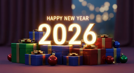 Glowing golden '2026' text sits above numerous stacked gift boxes in red blue and green accented by shiny ribbons and Christmas ornaments against a dark warm backgroundの素材