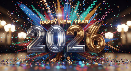 Bold metallic numbers '2026' shine amidst a shower of colorful confetti and swirling streamers with bright background lightsの素材