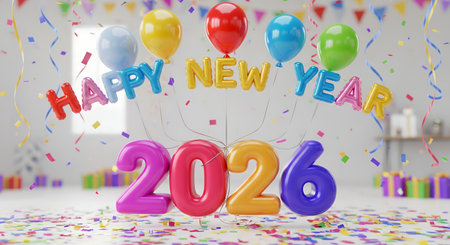 Colorful inflatable balloons spelling Happy New Year 2026 float amidst falling confetti and ribbons creating a vibrant festive scene with gifts blurred in the backgroundの素材