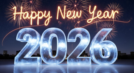 Large glowing blue ice like numbers '2026' stand against a dark night sky filled with bright fireworks above a distant cityscapeの素材