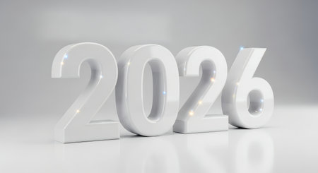Three dimensional white glossy numbers showing the year 2026 standing on a reflective light surface with subtle bokeh light accentsの素材