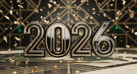 Three dimensional glossy black and silver numerals spelling 2026 float above a patterned floor while golden confetti showers down against a dark geometric backdropの素材