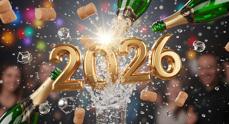 Gold 3D '2026' digits erupt from a sparkling champagne splash with flying corks set against a dark background of blurred partygoers and colorful lightsの素材