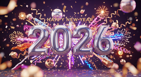 Bold metallic silver digits '2026' amidst a vibrant dark scene exploding with gold confetti bright fireworks and colorful ribbons signaling a new year celebrationの素材