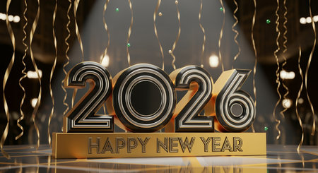 Bold 3D numbers 2026 sit on a golden pedestal saying HAPPY NEW YEAR amidst hanging gold ribbons and subtle lightsの素材