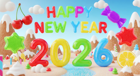 A vibrant 3D scene featuring large glossy colorful candy letters spelling Happy New Year 2026 set above a whimsical landscape of gingerbread like mountains with white icingの素材