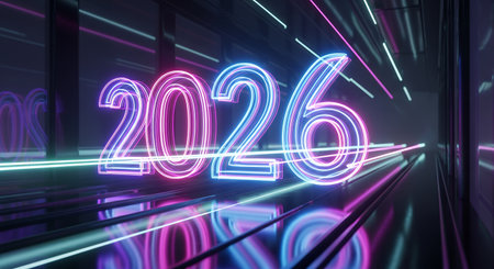 Glowing 3D rendering of the number 2026 in bright pink and cyan neon tubing set in a dark reflective futuristic corridor with light streaksの素材