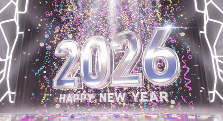 A striking 3D rendering featuring large reflective silver numbers '2026' above 'HAPPY NEW YEAR' text surrounded by a shower of vibrant confetti and illuminated by neon like outlinesの素材