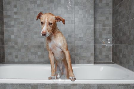 brown dog showering in gray bathroomの写真素材