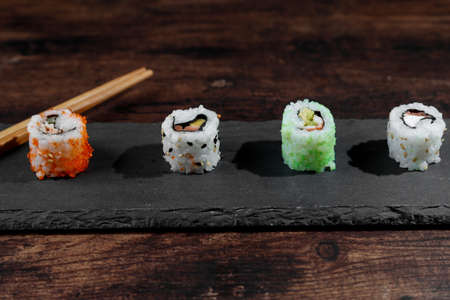 asian food sushi on wooden tableの写真素材