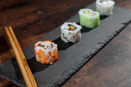 asian food sushi on wooden tableの写真素材