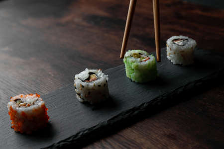 asian food sushi on wooden tableの写真素材