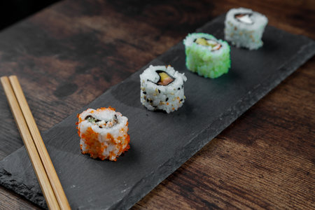 asian food sushi on wooden tableの写真素材