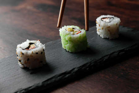 asian food sushi on wooden tableの写真素材