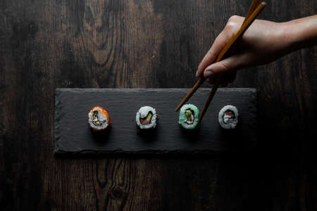asian food sushi on wooden tableの写真素材