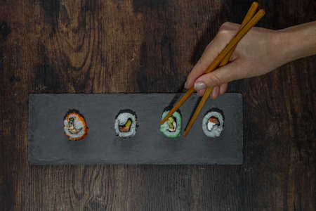 asian food sushi on wooden tableの写真素材
