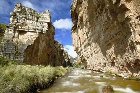 Landscape view of the imposing Shucto canyon (twisted) is a geological formation of rock modeled by the erosion of water over millions of years found in Canchayllo, Jauja.の写真素材