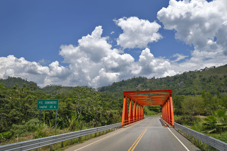 Red bridge on motorwayのeditorial素材