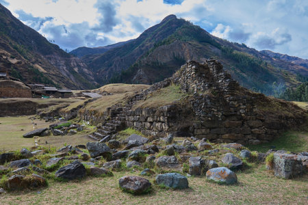 Chavin de Huantar temple complex, Ancash province, Peru. In the photograph, part of the exterior of the ChavÃ­n temple where it is possible to see icons such as the nailed heads or the monolithic sandeel.の写真素材