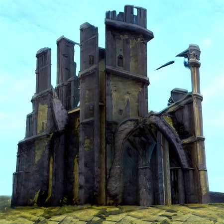 Abstract digital illustration; old precarious feudal style houses, vintage time.の写真素材