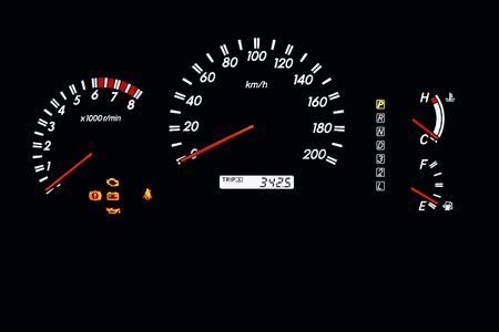 car dashboard of an automatic car with speedometer, gas and temperature gage