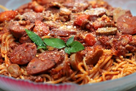 close up of a spaghetti sausage pasta
の写真素材