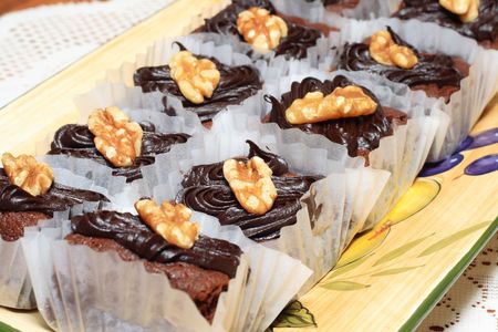 closeup of brownie fudge with pecan nutsの写真素材