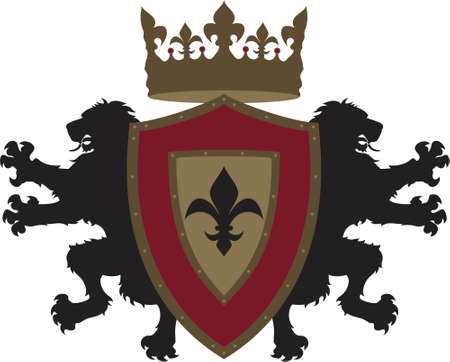 Two symmetrical lions face outward behind a classic heraldic shield   A crown sits atop the design   The design can easily be used as a t-shirt design, or for other forms of printing のイラスト素材