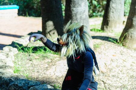 Woman in wolf mask and black dress