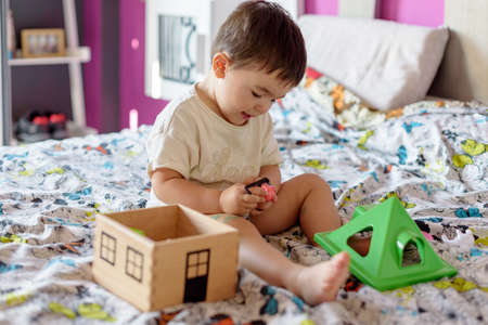 Cute little boy playing in room at home with various toysの写真素材