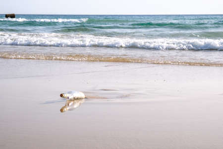 Glass bottle with message inside buried in beach shore with sea and waves in the backgroundの写真素材