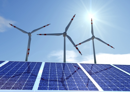 three pinwheels behind solar panelsの写真素材