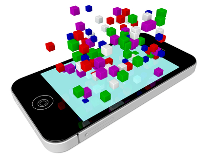 colored cubes flying out of a phoneの写真素材