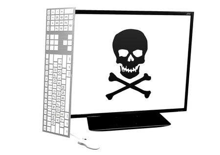 a computer monitor with skull and bonesの写真素材