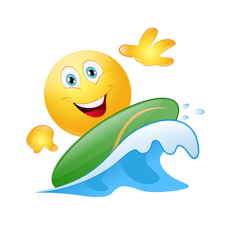 Surfing emoticon on blue wave ocean. Vectorのイラスト素材