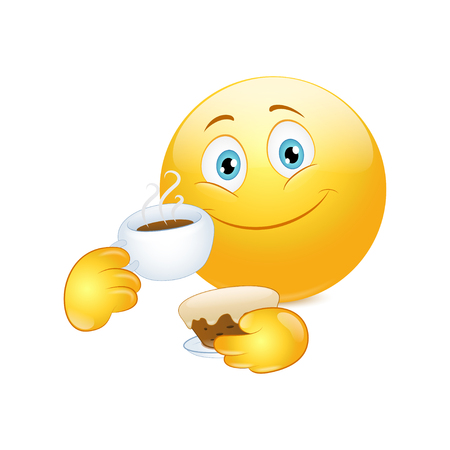 Emoticon drinking coffee with cake on a white backgroundのイラスト素材