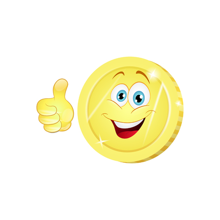 Cartoon coin showing thumbs up sign on a white backgroundのイラスト素材