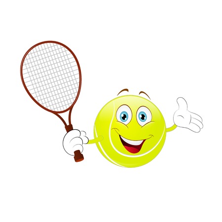 Cartoon, tennis ball holding his racket on a white background.のイラスト素材