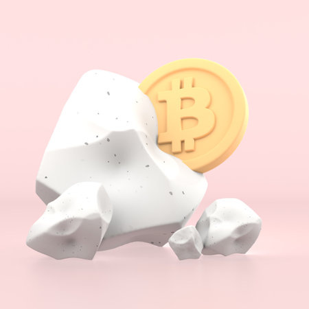3d icon render bitcoin coin in stoneの写真素材