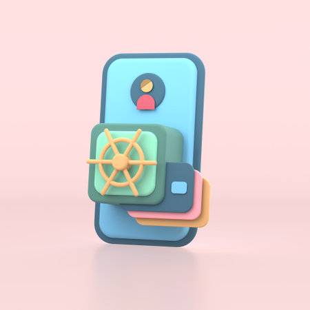 3d render illustration of a smartphone with shield and bank cardの写真素材