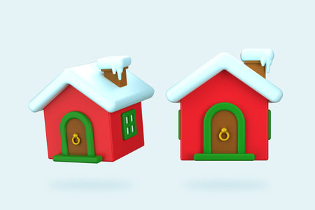 3D little Christmas houses set with snow. 3d illustrationの写真素材