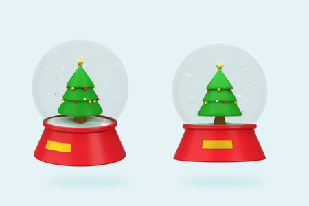 New Year Glass 3d rendering snow round ball, with gift tree.の写真素材