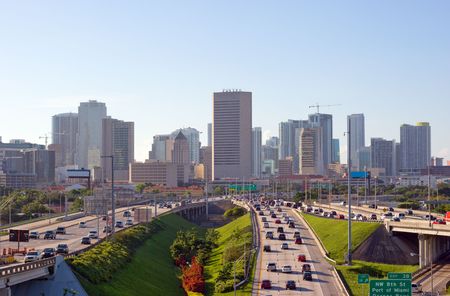 Miami Skyline and Highways and Morning Rush Hour Traffic