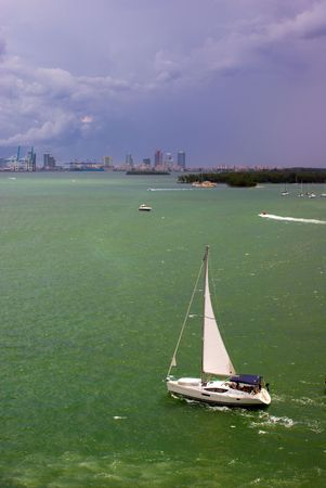 Sailboat in Biscayne Bay Near Port of Miami の写真素材